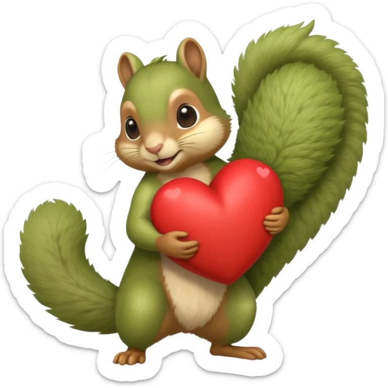 Soft yeşil bir sincap kocaman bir kalp taşıyor sanki karşında çok sevdiği biri varmış gibi sticker