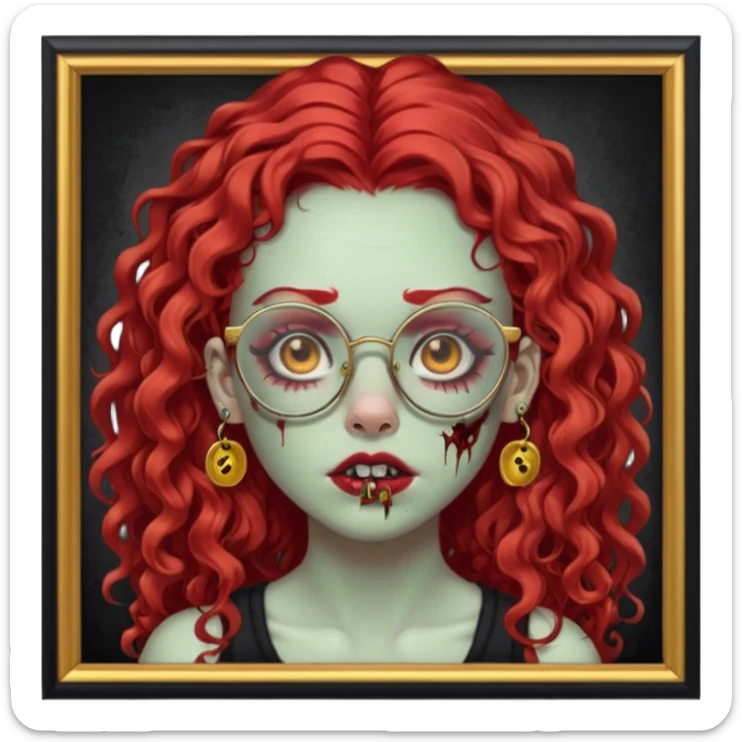 zombie girl with long red curly hair, thick lashes, black glasses, gold nose piercings on each nostril, and a gold eyebrow piercing. sticker