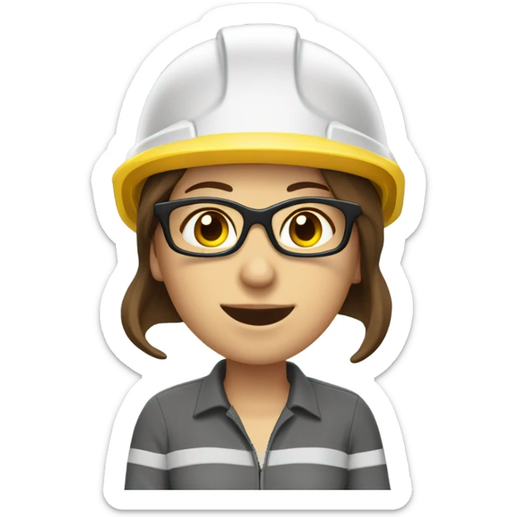 Caucasian woman with brown hair wearing a yellow safety helmet, safety glasses and earplugs sticker