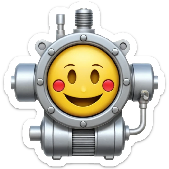 Industrial mechanical motor with a smiley face, emoji for the new electric music genre Motor breaks must be friendly and sellable must be small but clear child friendly, ready to use as a logo, motor synth sticker