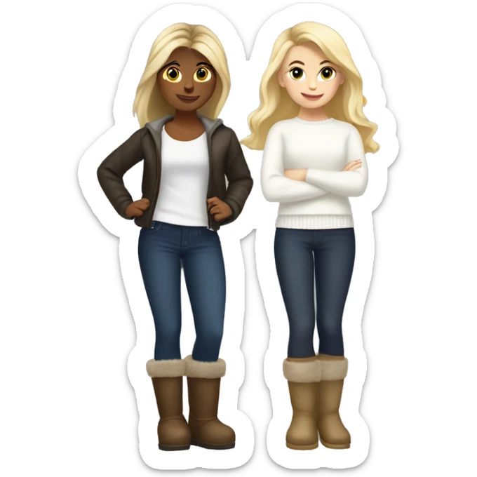 Blonde and brunette girls with Tasman Uggs and leggings and a white sweater sticker
