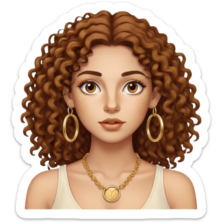 Attractive Greek woman with freckles, long curly hair, gold hoop earrings, small necklace, and lip liner on her lips sticker