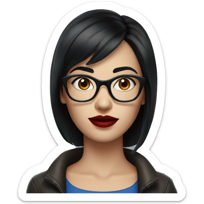 a woman with blue eyes and dark short hair realism with glasses with red lips sticker