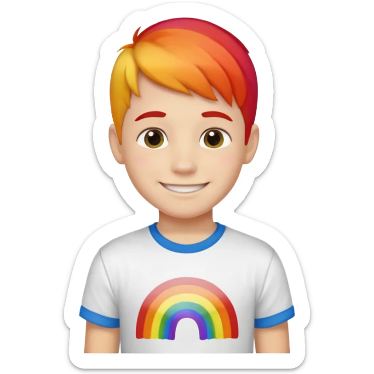 boy smiling with flower outdoors in a t-shirt that says “rainbows are gay“ sticker