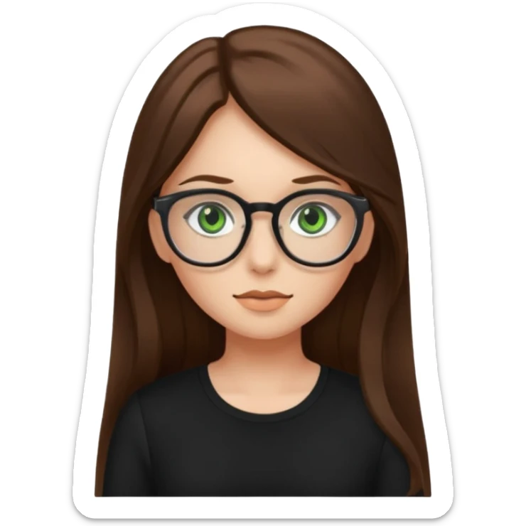 Girl with long brown hair, green eyes, glasses and a black top on sticker