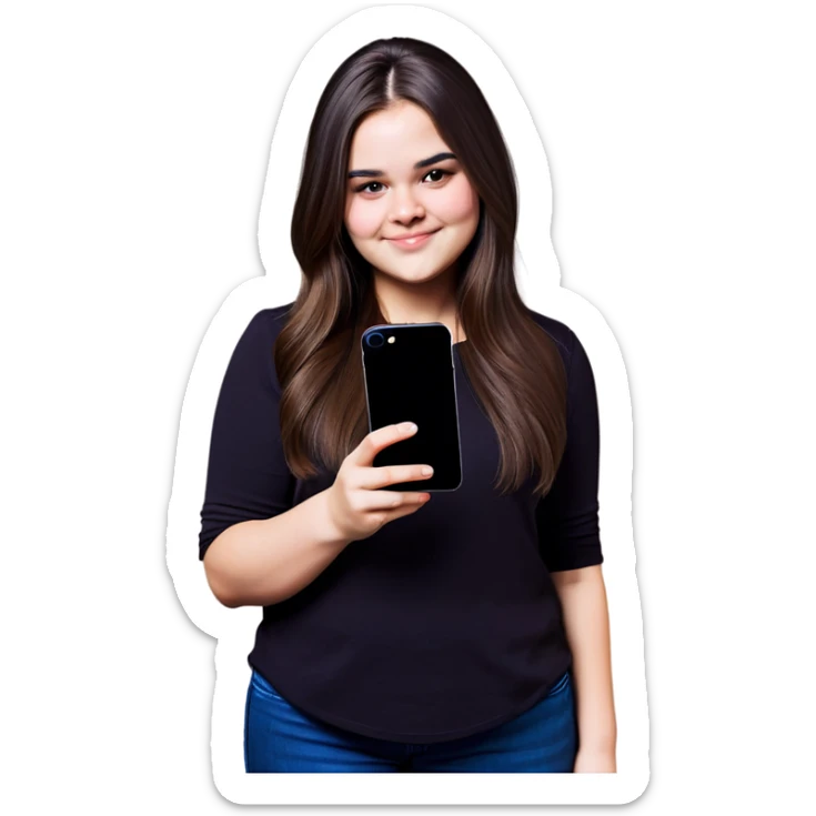 Beautiful young lady slightly overweight with dark brown choppy long hair holding her black iPhone  sticker