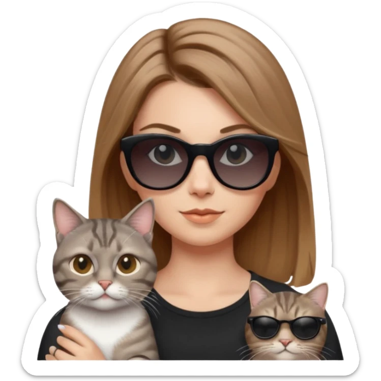 white woman with light brown ombre hair and grey tabby cat, both wearing black sunglasses, looking cool, playful expressive emoji style sticker