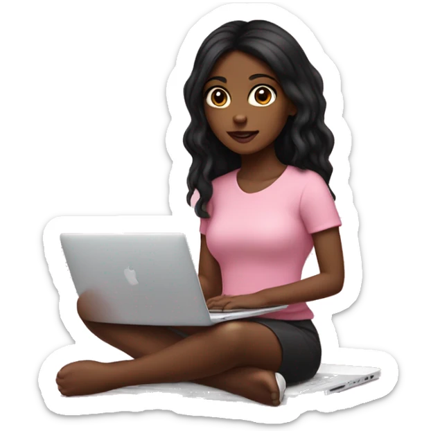 Brown skin girl with black hair sitting at pink MacBook  sticker