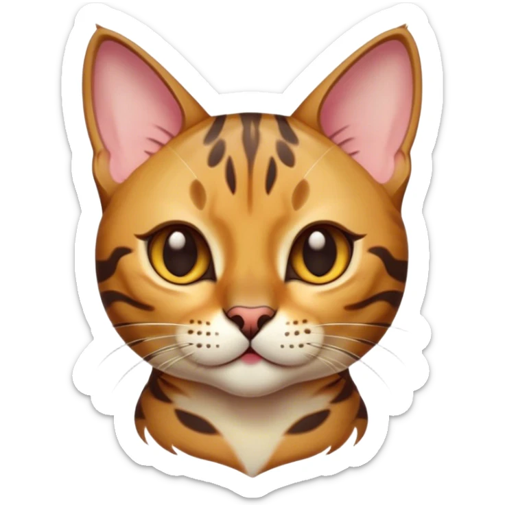 Cinematic Cute Bengal Cat Portrait Emoji, Playful and charming, sleek spotted brown and gold tones, Simplified yet adorable features, highly detailed, glowing with a warm, friendly glow, high shine, curious and affectionate, stylized with a touch of whimsy, head tilted in a playful and inquisitive manner, soft glowing outline, capturing the essence of a mischievous yet loving kitten, so endearing it feels like it could pounce out of the screen and play! sticker