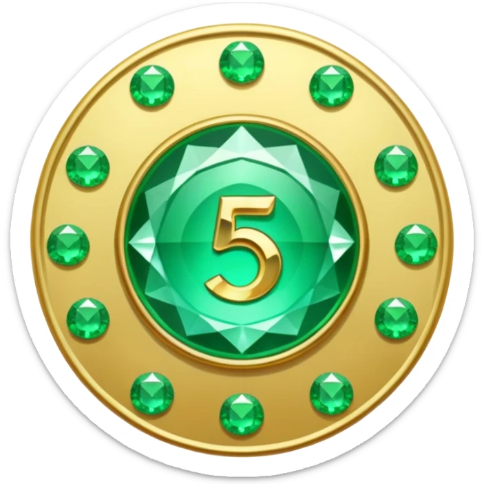 A round emerald sign for a paid subscription and level 5 jewels with the number sticker