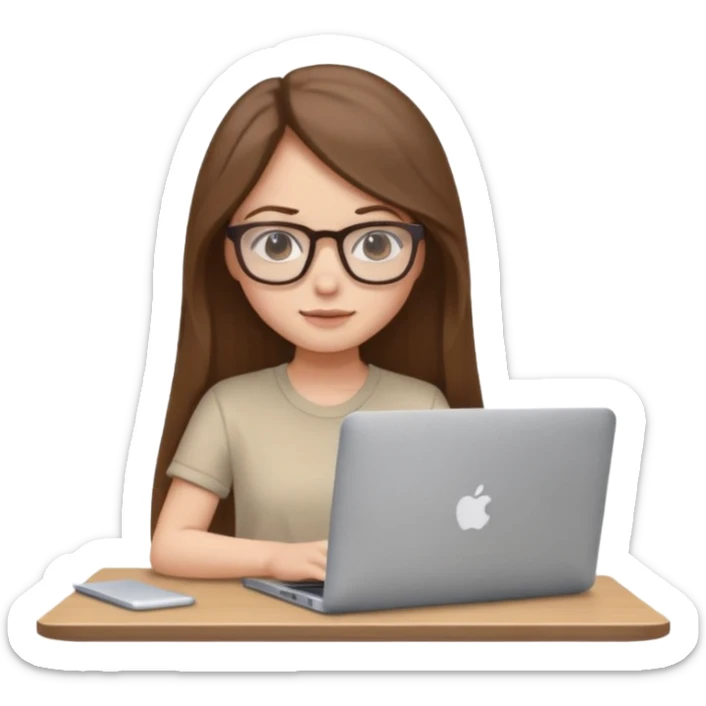 Girl in glasses,brown long hair, beige shirt, sitting with gray MacBook sticker