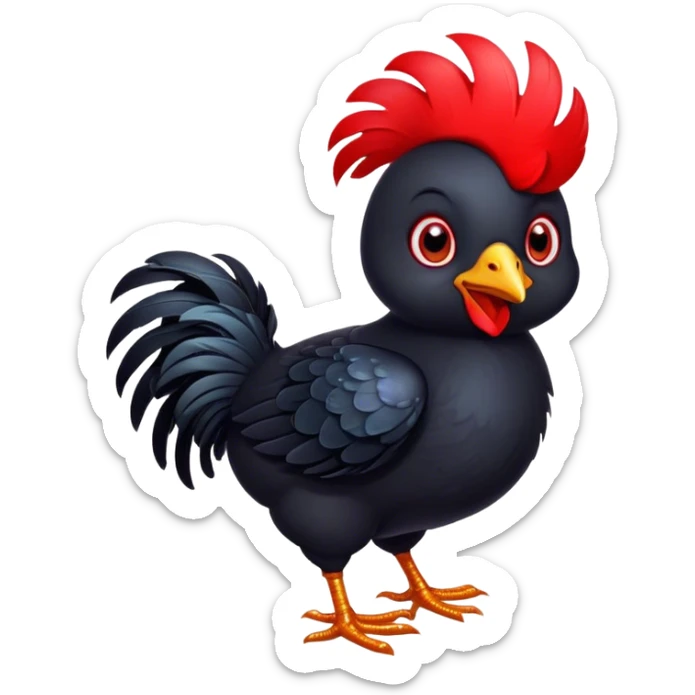 Cinematic Cute Black Chicken Portrait Emoji, Head tilted playfully and inquisitively, featuring sleek, lustrous black feathers and a vibrant red comb, round, sparkling beady eyes filled with curiosity, Simplified yet irresistibly adorable features, highly detailed, glowing with a warm, friendly glow, high shine, affectionate and lively, stylized with a touch of whimsical charm, bright and endearing, soft glowing outline, capturing the essence of a mischievous yet loving chicken, so playful it feels like it could peck out of the screen and into your arms! sticker