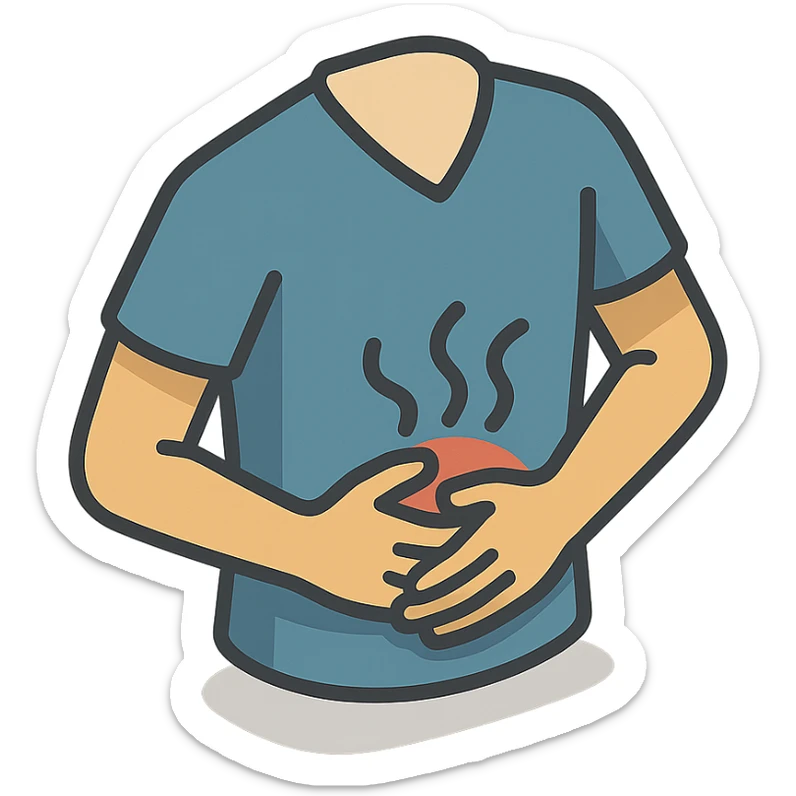 torso in clothing, painful stomach, hands holding stomach, waves of pain, 2d isometric style, shadows and highlights, no face and legs, only torso in clothing, stomach, hands and pain, transparent background sticker