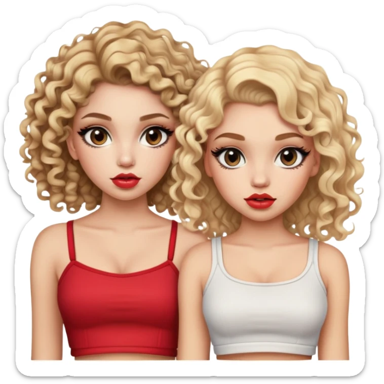 Two teenage girls together, one blonde and one with curly brown hair, both with heavy makeup, big lips, crop tops and choni style clothing sticker