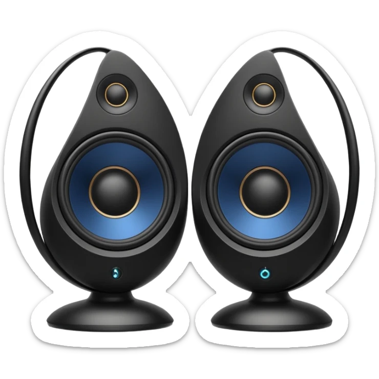 pair of speakers emoji, deep matte black metal body, circular speaker cones with subtle depth, smooth rounded edges, minimalistic futuristic 3D style, luxury aesthetic sticker