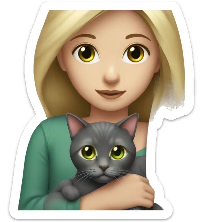 girl with long blonde hair and hazel eyes holding a dark grey cat with green eyes sticker