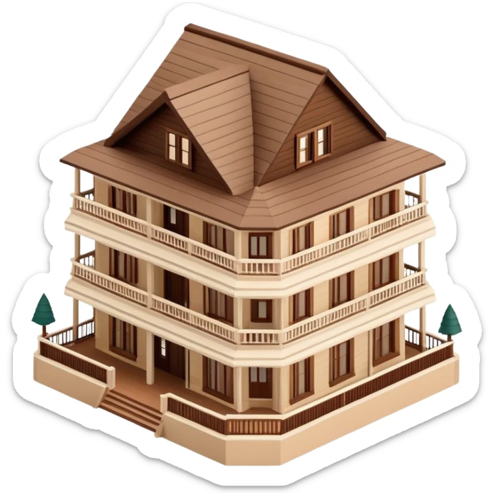 Isometric exterior brown and beige national parks hotel lodge, dollhouse style 3D realistic  sticker