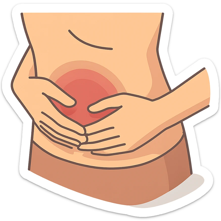 close-up of a person's stomach with hands holding it indicating pain, only stomach and hands visible, no face, 2D isometric illustration style sticker