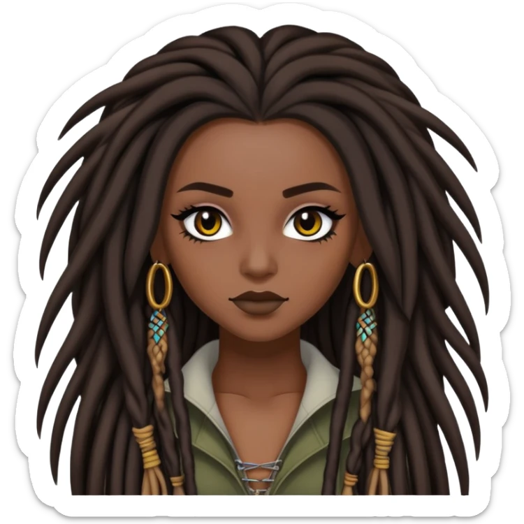 brunette, baddie, dark skin,pretty makeup, black eyeliner, long dreadlocks hair sticker