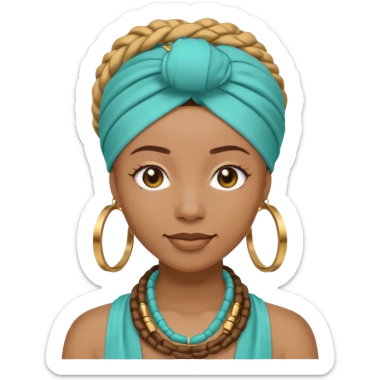 Non-portrait Jayci-vibe emoji, 1024 PNG, transparent. Headwrap (muted R-G-G), hoops, locs hint; soft smile, golden inner glow + faint heart aura. Embed: first-love, roots calm, playful grace, protective joy, consent. sticker