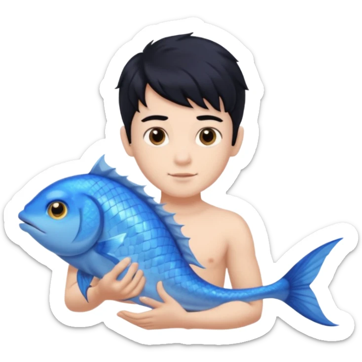 boy, black hair, brown eyes, white skin, Triton, with Triton in hand, blue Triton tail and blue triton fish ears sticker