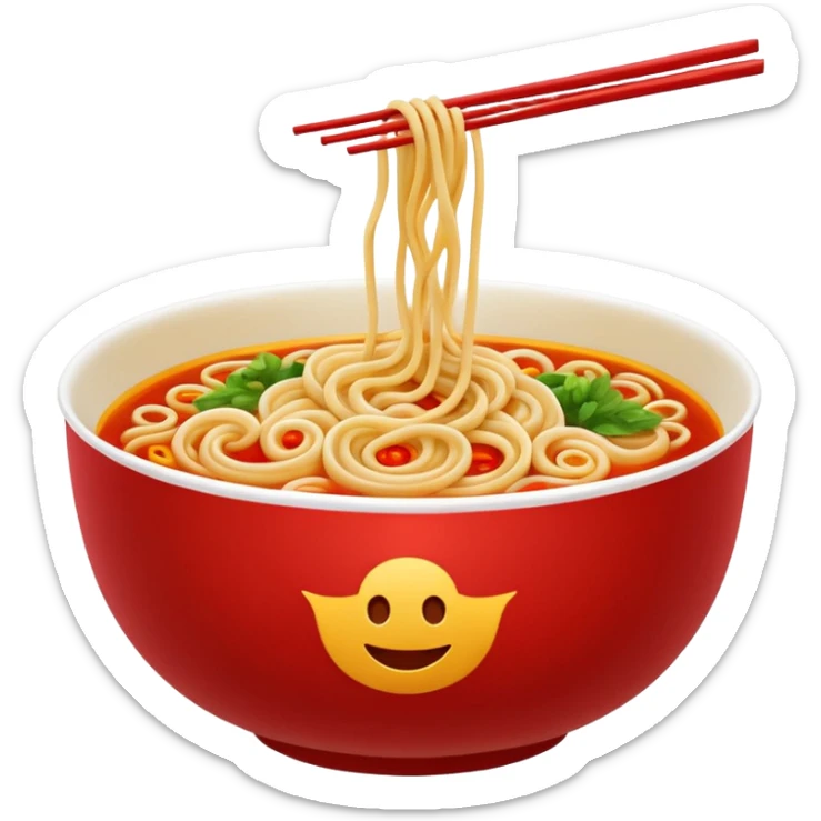 Chinese cuisine humanless avatar in bright emoji-style illustration. Noodles bowl, red and gold colors, simple shapes, flat design, bold and energetic. sticker