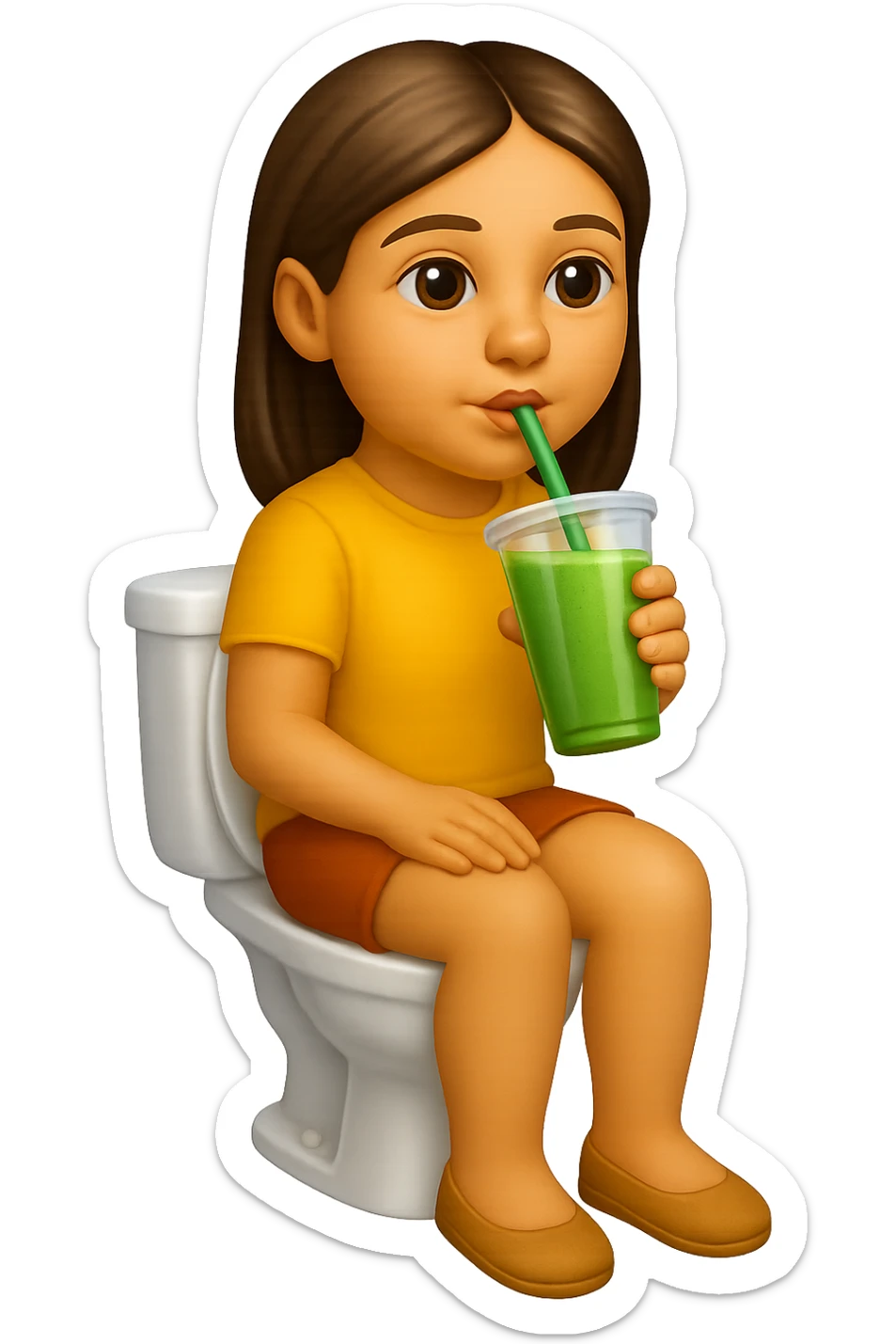emoji stile iphone di una donna seduta sul wc che beve uno smoothies verde, iperrealistico 4k sticker