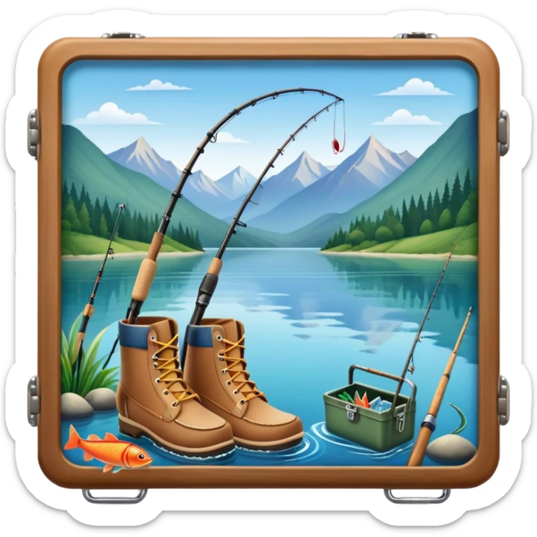 Icon for Fishing Travel: a fishing rod, tackle box, boots, and a boat on a calm lake surrounded by mountains and lush greenery, with fish jumping out of the water. The icon should capture the peaceful and adventurous nature of fishing trips. Transparent background. sticker