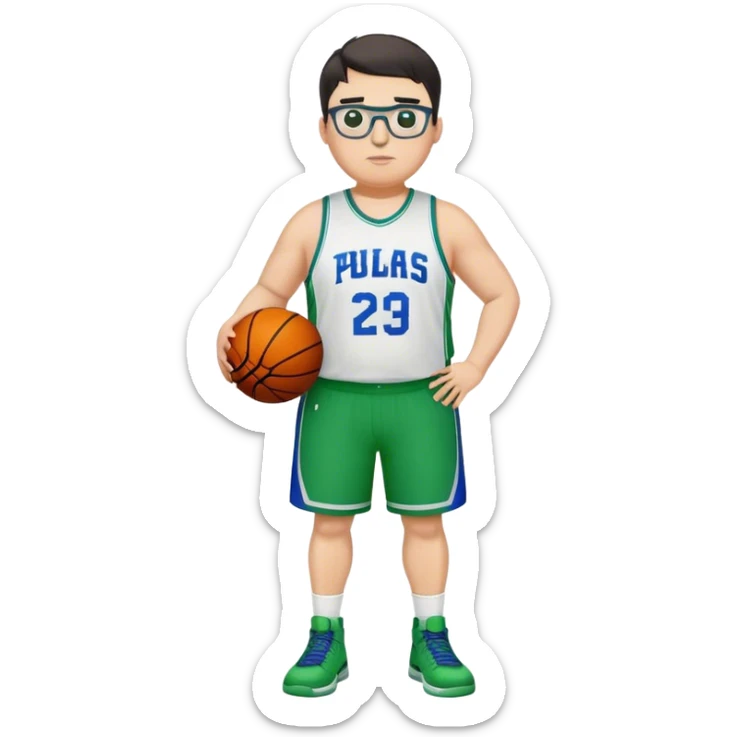 Full Body plus size white male with dark short hair basketball player wearing glasses wearing blue green uniform sticker