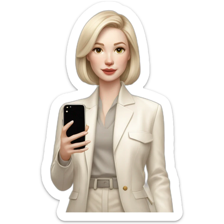 pale skin woman with ash blonde Straightened bob Hair, White Spacious classical jacket, beige palazzo Arrow pants and gray blouse holding white IPhone 15 pro in the hands sticker