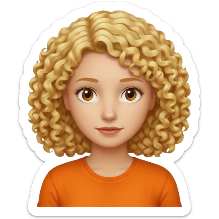 curly blond hair woman in orange shirt no smile sticker
