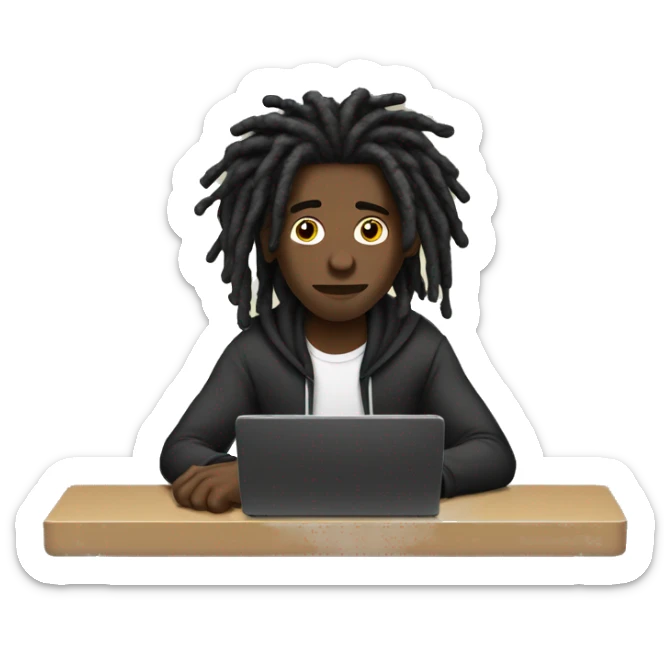 Black-guy-with-dreads-wearing-black-trackstuit-sitting-down-on-chair facing-foward-focused-on-laptop-computer- sticker