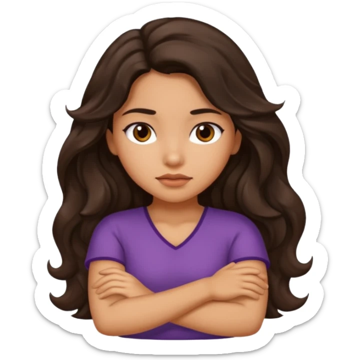Hispanic girl with long dark brown wavy hair crossing her arms and slightly pouting sticker