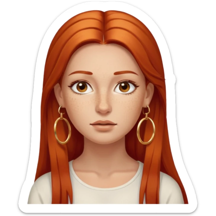 Attractive Greek woman with a wide face, freckles, Long straight amber-red hair and gold hoop earrings sticker