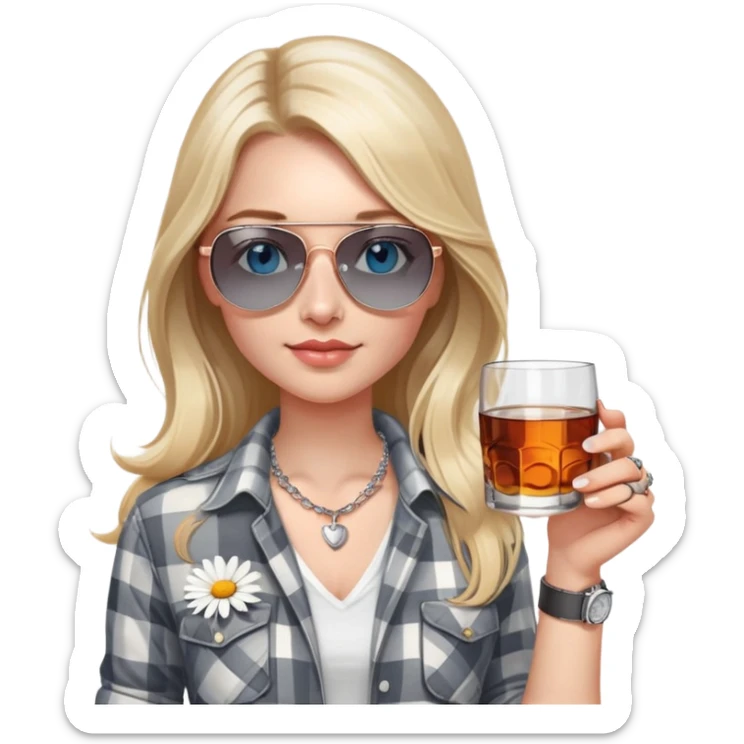 girl
blue eyes
long blond hair with daisy in it
wearing grey/white plaid shirt
wearing aviator sunglasses
wearing silver necklace around her neck
holding a glass of whiskey 
wearing rose gold apple watch  sticker