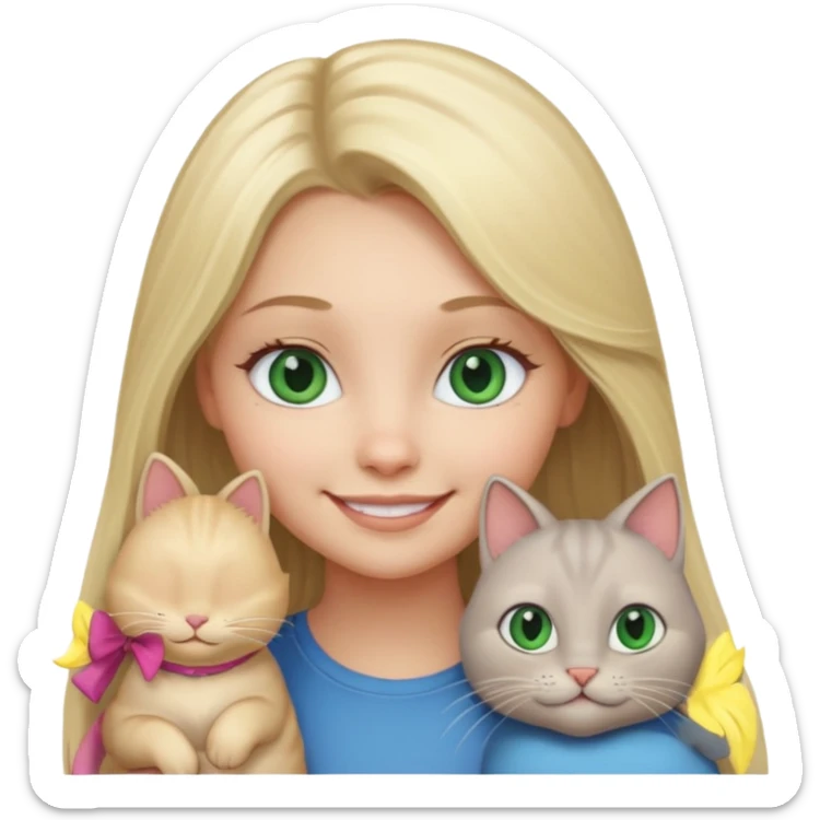 blonde girl with long blonde hair and blue eyes with chubby gray cat with big green eyes sticker