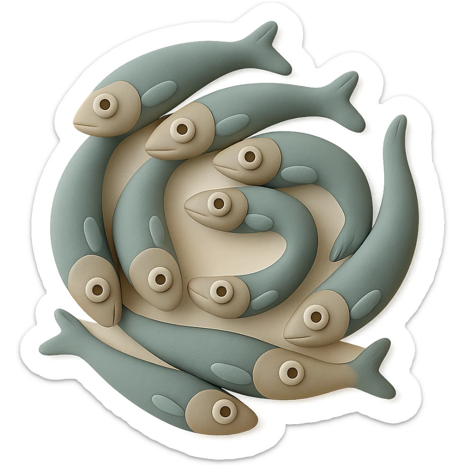 Edit the image to show anchovies arranged in a spiral in fondant cake art style, pastel tones, no background, and no text. sticker