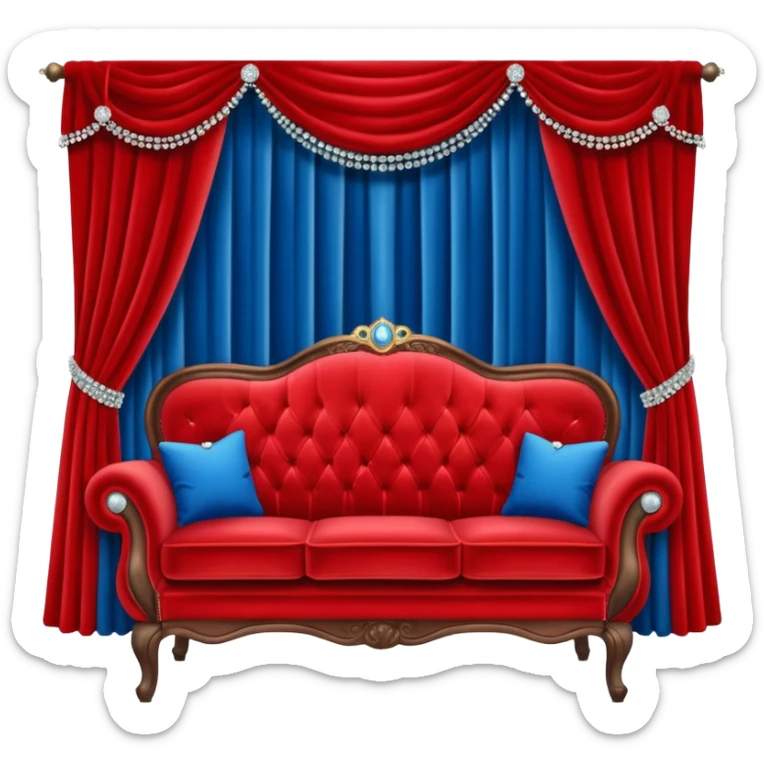 Vintage velvet red red sofa with rhinestone buttons and blue curtains in the background sofa with rhinestones buttons sticker