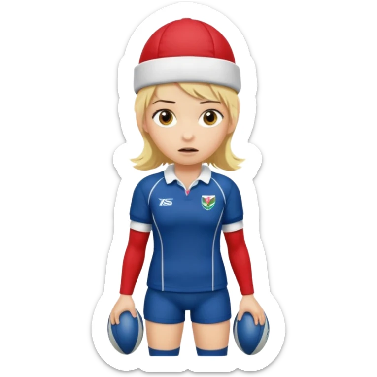 chica rubia con cara de miedo vestida con equipación de rugby y una casqueta en la cabeza metida en unas botas de presoterapia sticker
