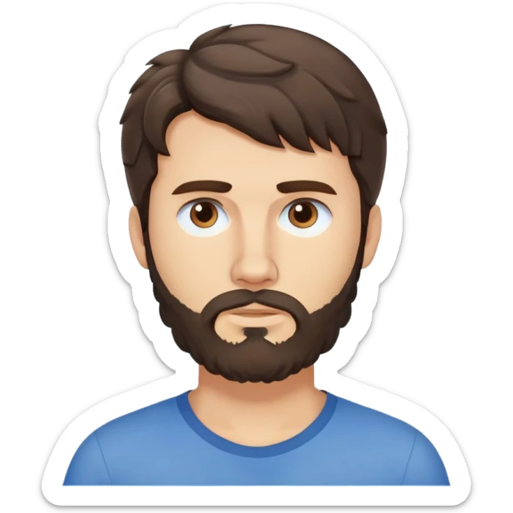 Caucasian man with wavy dark brown hair styled loose with wavy fringe, medium-length wavy hair, short full beard, neutral serious expression, simple blue shirt sticker