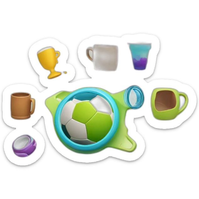 make a circle logo with all shapes of a Soccer ball, person running, wakeboard, sleeping, and swig cup sticker