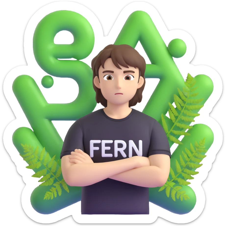 Brunette anime man leaning to the side with arms crossed, standing in front of green bubble letters that say 'The Fern'. He wears a black t-shirt, no jacket, medium-length brown hair, and has an expressive anime face. Maintain a thick, soft, cheerful, 3D vibe in 3D Emoji style. sticker