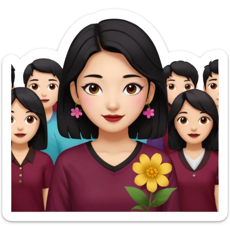 A Korean woman with messy and stylish black hair, a flower in her ear and an iconic Y2K shirt maroon and brown hazel eyes, makeup sweetie,A Style Vibe in the Crowd sticker