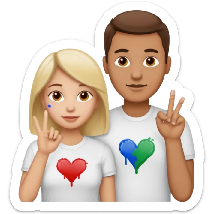 a couple the man has a shirt that says i love to finger paint and the womans shirt says am paint sticker