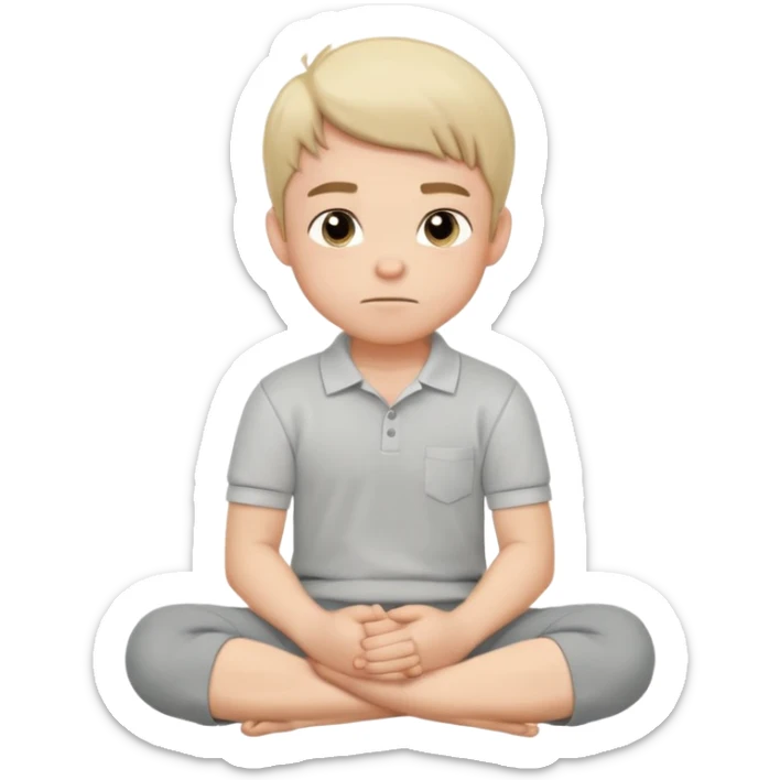 Cartoon boy sitting cross-legged, his fist pressed to his cheek, wearing a white polo and gray pants. He has a smug smirk, eyes looking forward. Clean lines, flat colors, solid black background, vector art, character sheet style. sticker