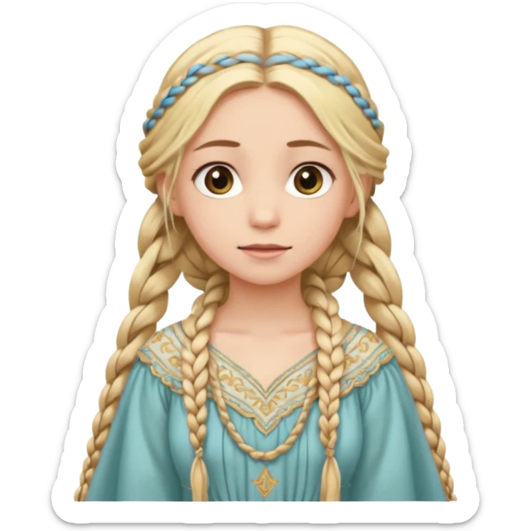 
mujer, Joven, de aspecto dulce y elegante.
Piel clara, ojos grandes y expresivos (pueden ser azules o verdes), sonrisa triste.
Rubio o castaño claro, largo, con trenzas o velo.
Vestido largo de tonos suaves (blanco, azul o lavanda), con bordados dorados; un manto o toca fina cubriendo la cabeza.
 sticker