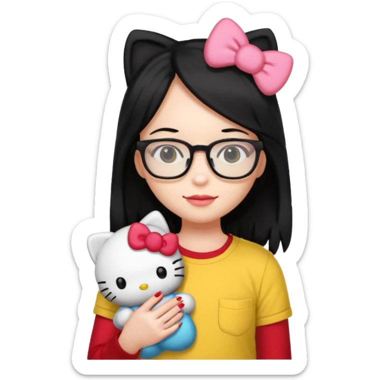 Nails cute with hello kitty wear glasses black long  hair, wear yellow shirt , red nails , big hello kitty sticker