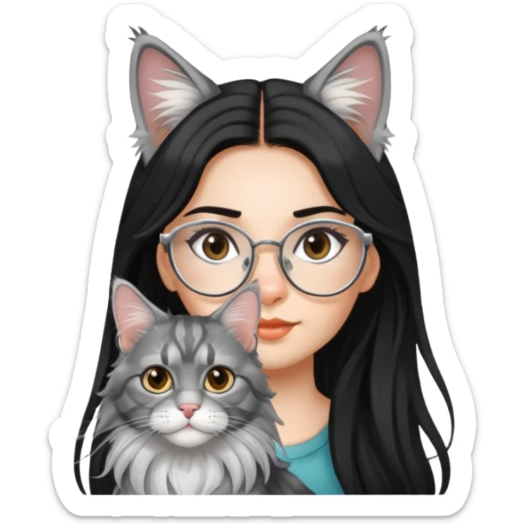 a silver based Maine Coon cat and a black hair glasses girl sticker