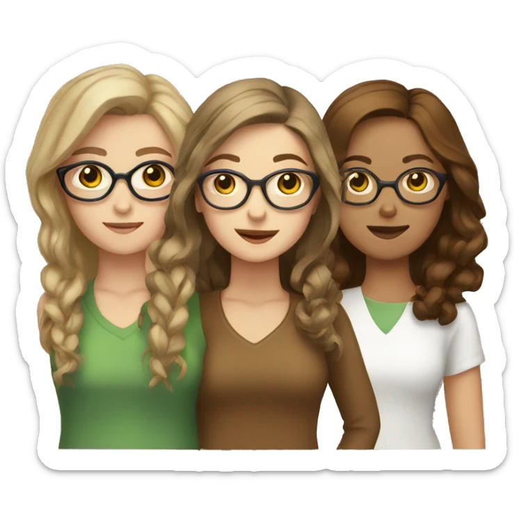 Three white girls with brown hair standing next to eachother one with glasses sticker