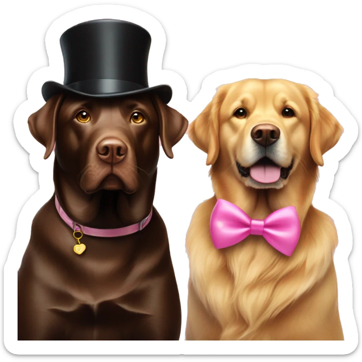 A chocolate lab with a pink bow on her head sitting next to a golden retriever big brother who has a top hat on  sticker